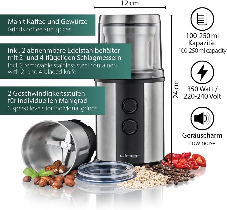 Cloer 7419 Elektrische Kaffee- und Gewürzmühle mit Edelstahl-Schlagmesser, 350W, 2 abnehmbare Edelst