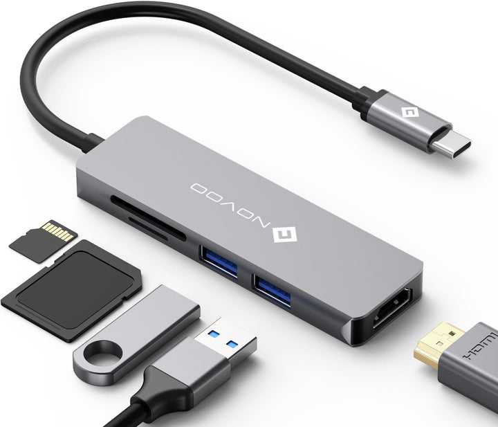 NOVOO 5-in-1 USB-C-Hub mit 4K HDMI-Adapter, 2 USB 3.0-Anschlüsse, SD/TF-Kartenleser, USB-C-Multiport