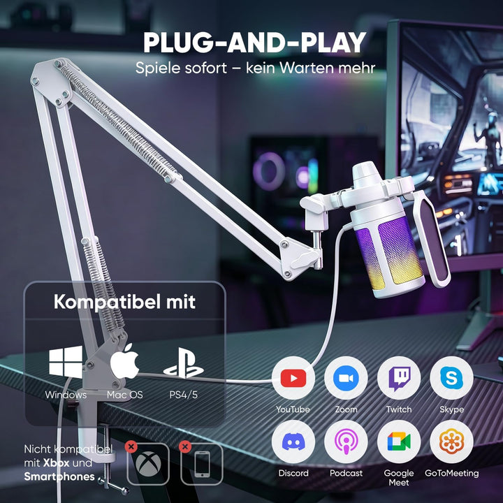 FIFINE USB Mikrofon PC Gaming mit Arm, Typ A/C Microphone Weiss für MAC PS4 PS5 mit Stummschalttaste