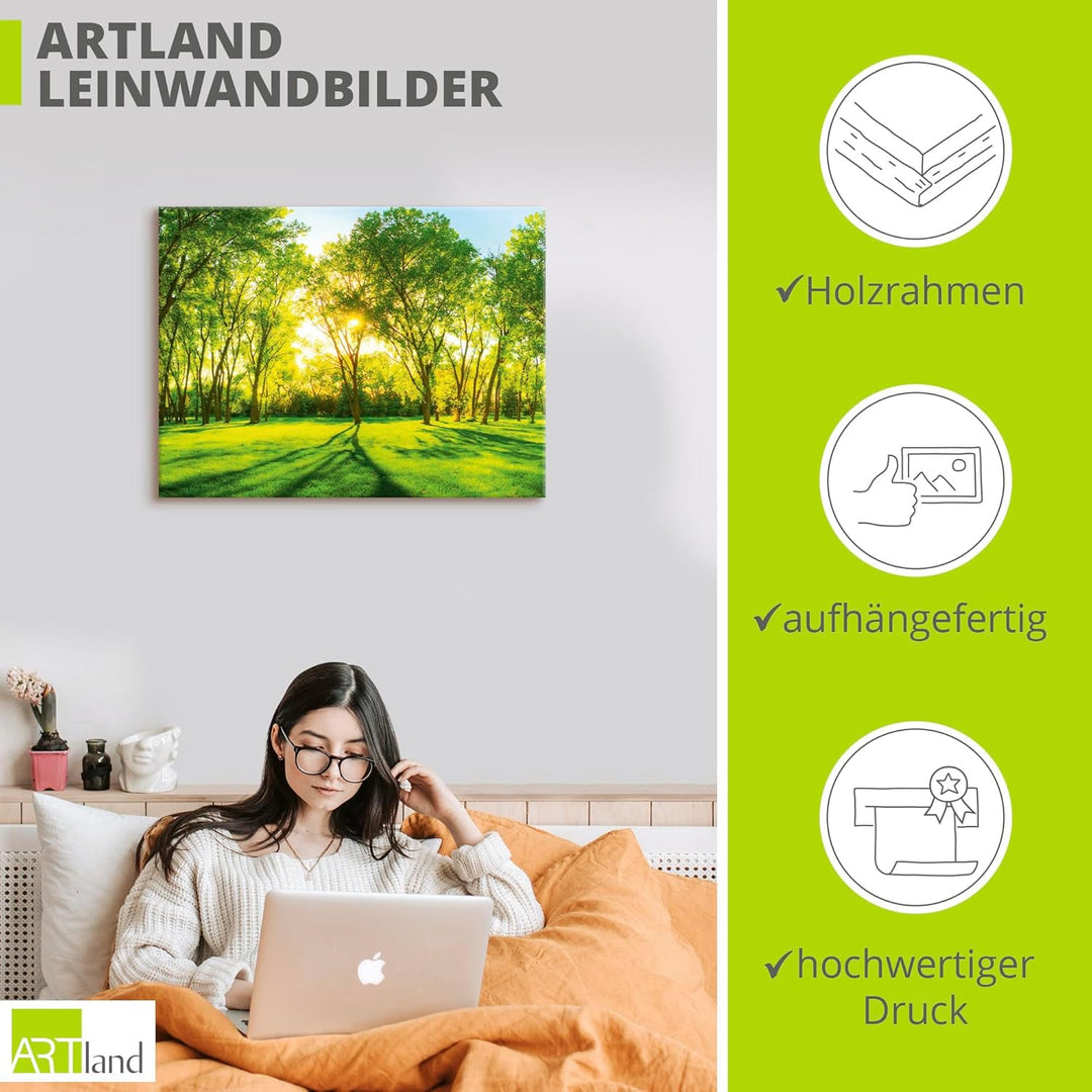ARTland Leinwandbilder Wandbild Bild auf Leinwand 80x60 cm Natur Wald Sonne Landschaft Frühling Wies