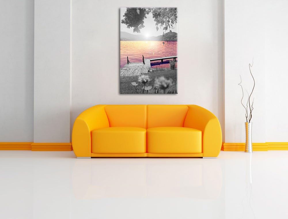 kleiner Steg am See bei Sonnenaufgang schwarz/weiss Format: 100x70 auf Leinwand, XXL riesige Bilder