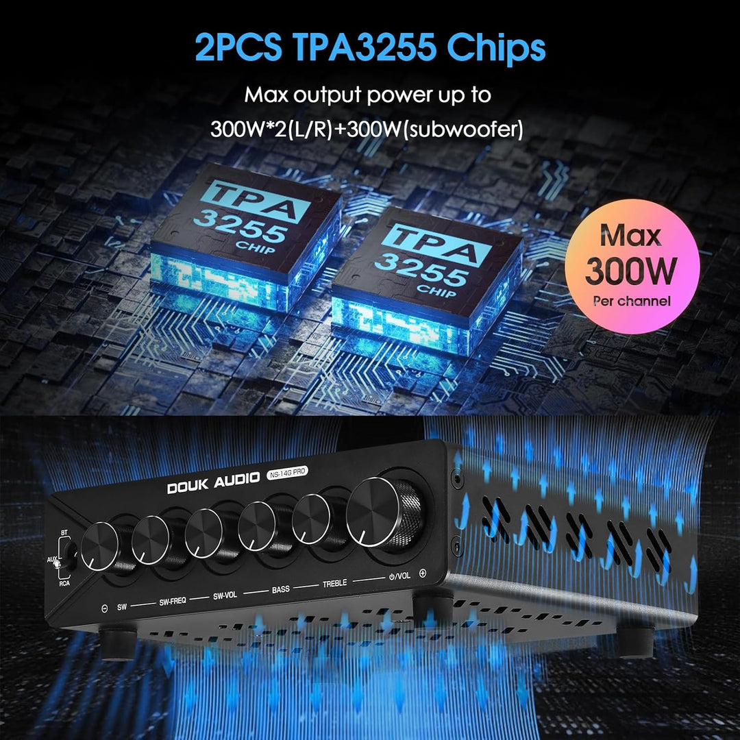 DoukAudio 2.1 Kanal Verstärker mit Bluetooth: Dual-TPA3255 Chips, aptX-HD, 300W Subwoofer & 48V Netz