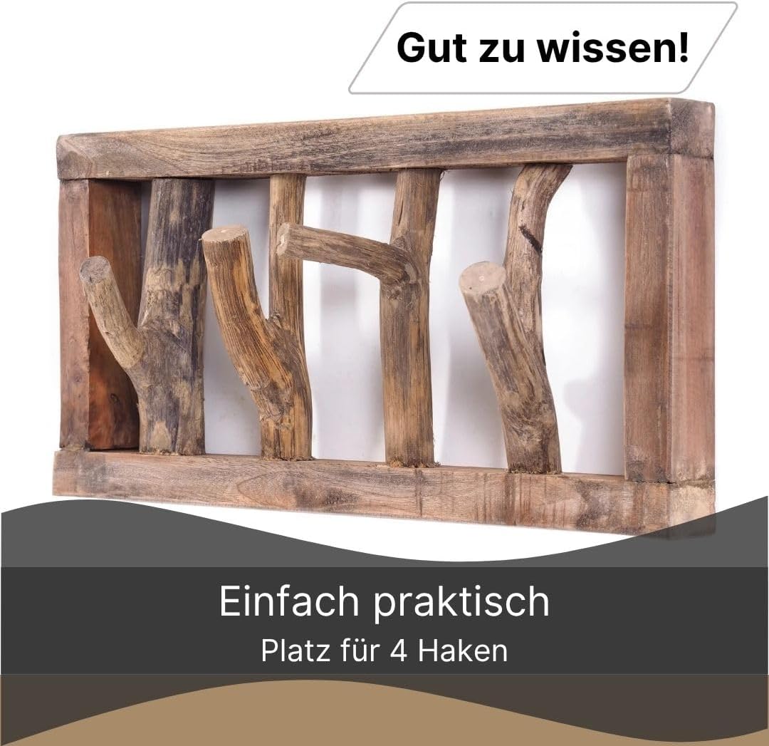 DESIGN DELIGHTS RUSTIKALE WANDGARDEROBE LIMB | 45x23x~10-13 cm (BxHxT), Treibholz | Hakenleiste | Fa