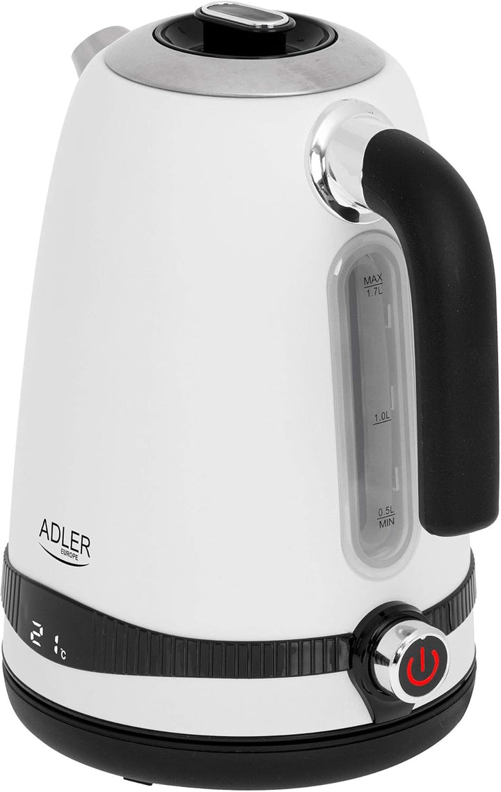 Adler AD 1295w Wasserkocher weiss seidenmatt 1,7 Liter mit LCD-Anzeige und Temperaturregelung 2200W