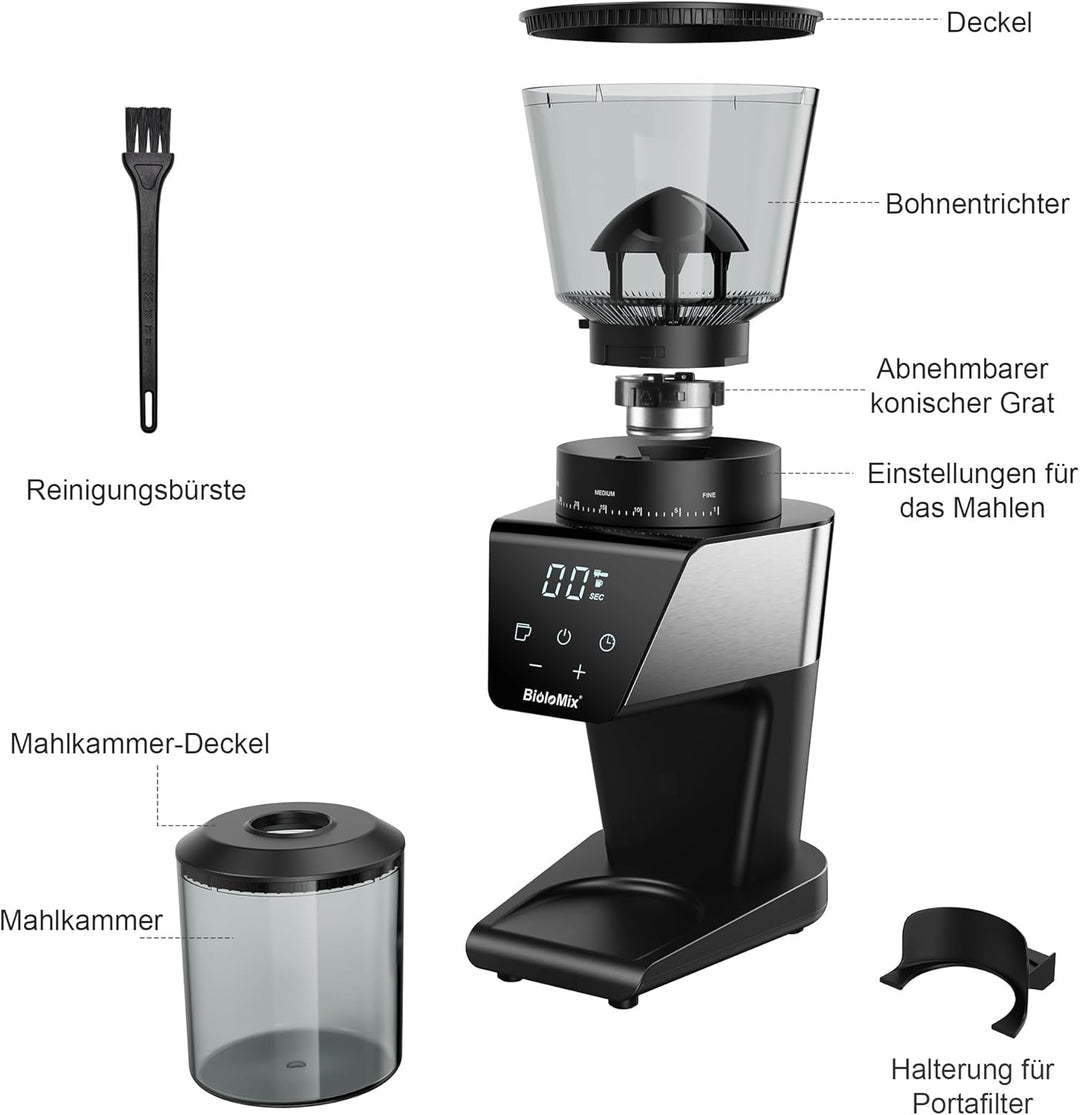 Biolomix Elektrische Kegelmühlen Mit Touchscreen Digitaltimer Display Und Portafilter Wiege, Elektri