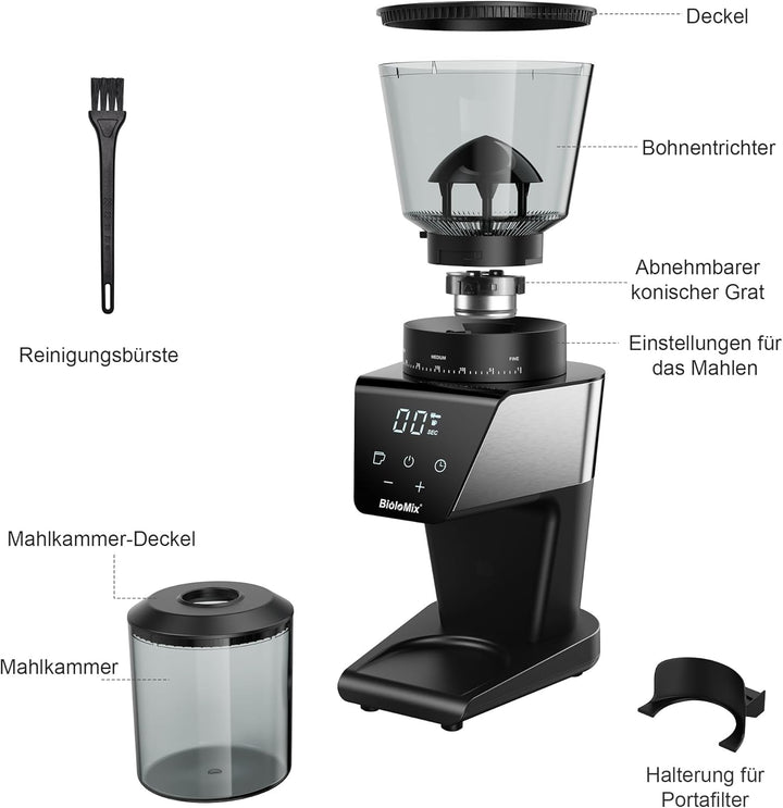 Biolomix Elektrische Kegelmühlen Mit Touchscreen Digitaltimer Display Und Portafilter Wiege, Elektri