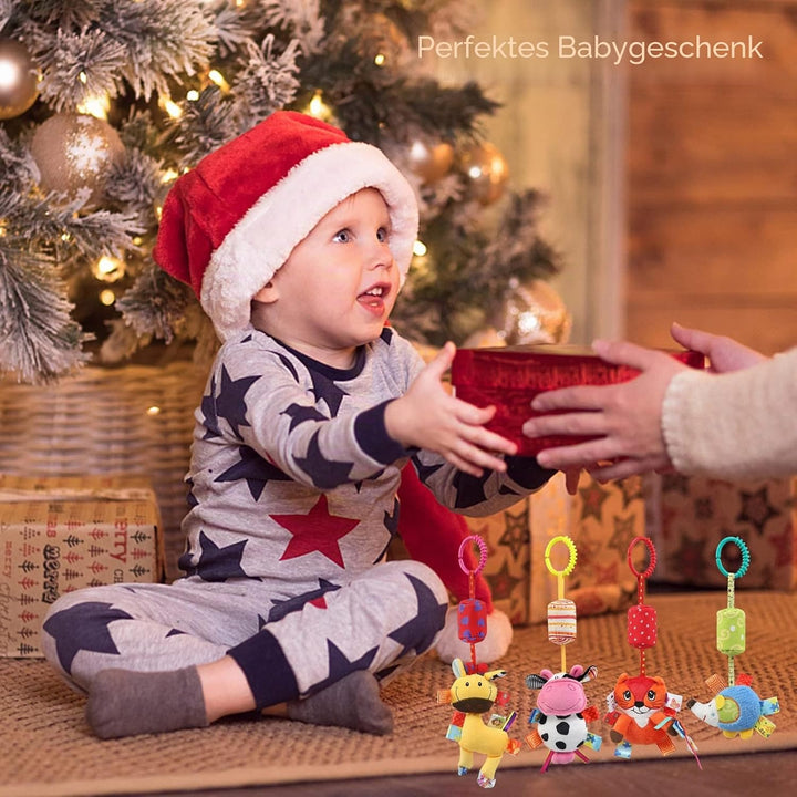 JoyLife Baby Kinderwagen Spielzeug, 4 Stück Plüschtier mit Glöckchen, Baby Spielzeug Kinderbett Anhä