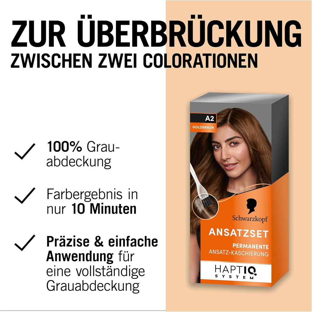 Schwarzkopf Ansatzset A2 Goldbraun Stufe 3 (3 x 44,5 ml), dauerhafte Haarfarbe zum Haaransatz kaschi