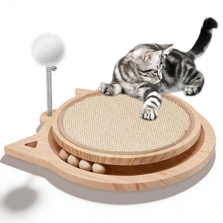 3-IN-1 Kratzbrett Katze Holz, Katzenkratzbrett mit Natürlicher Sisalmatt kratzmöbel Katze mit kugelb