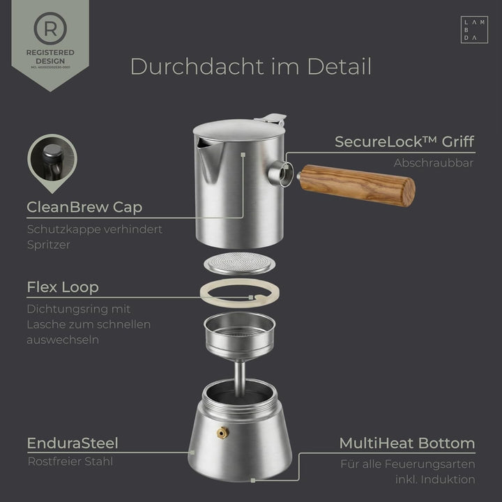 LAMBDA COFFEE® VESUV Espressokocher aus Edelstahl I Induktion geeignet I Outdoor und Indoor Mokkakan