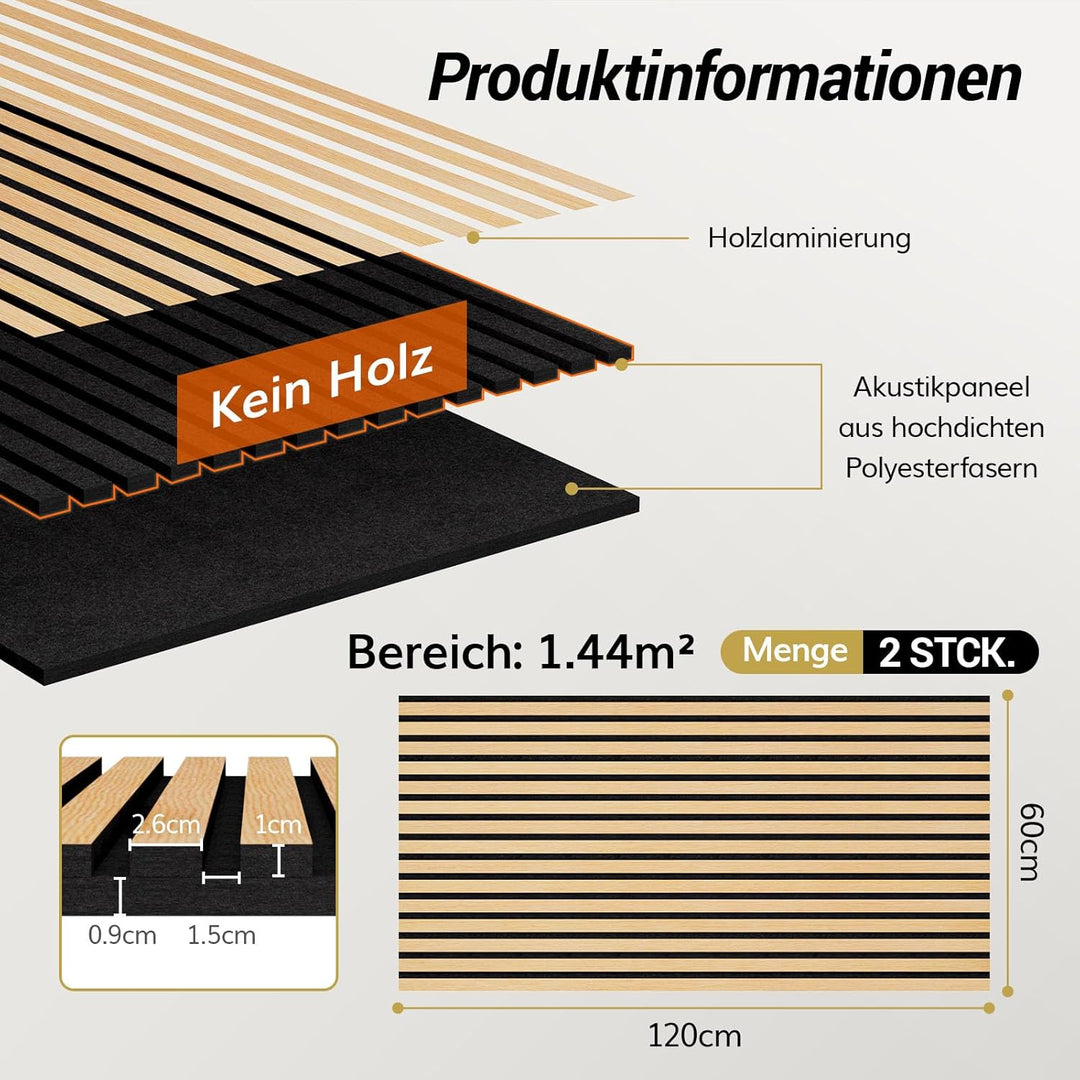 TONOR Holzfurnier Akustikpaneele selbstklebend,1,44m²-2 Stück 120x60x1,9cm 3D Wandpaneele Holzoptik,