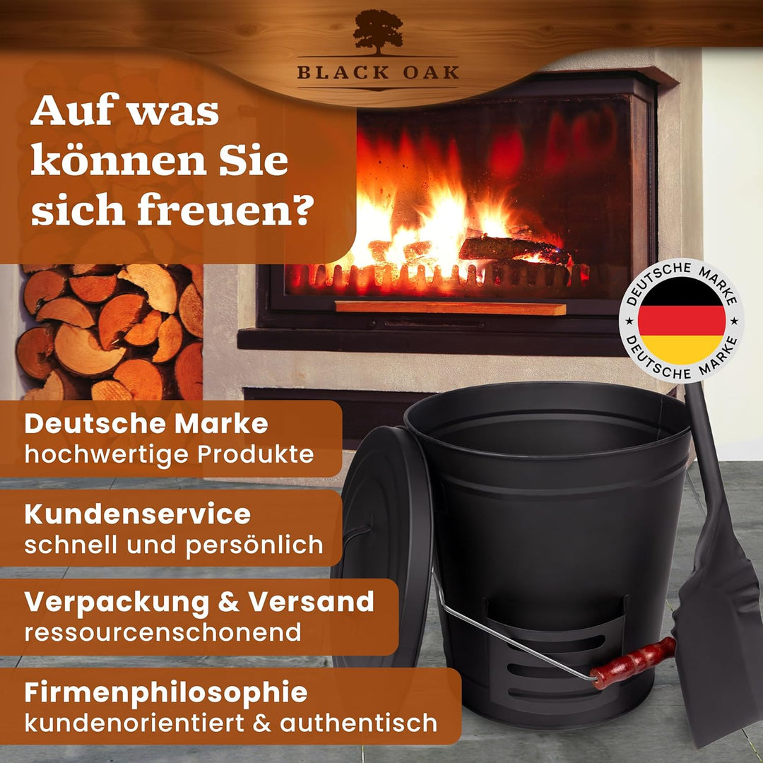BLACK OAK Ascheeimer Stromboli 20L – schwarz mit Deckel & Schaufel - Bügel Silber - gross 20 Liter S