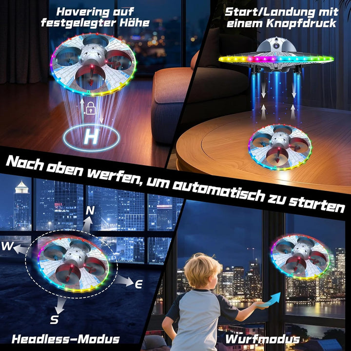 UFO Drohne mit Kamera, Drohne für Kinder und Anfänger mit Bunten LED-Lichtern, Kinder Quadrocopter F