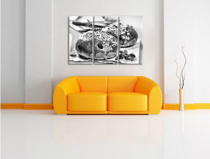 Pixxprint Süsse Rosinenbrötchen als Leinwandbild/Grösse: 3 Teilig (120x80) cm/Wandbild/Kunstdruck/fe