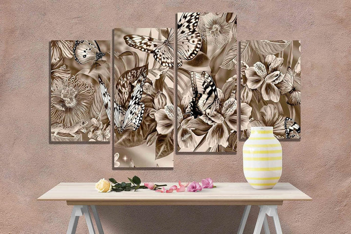 Kunstdruck auf Leinwand, abstrakt, Schmetterlinge und Blumen, 89 x 56 cm, Braun 89cm x 56cm (35 x 22