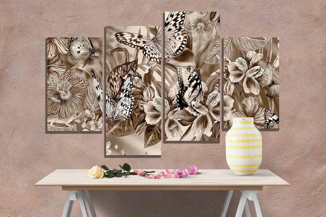 Kunstdruck auf Leinwand, abstrakt, Schmetterlinge und Blumen, 89 x 56 cm, Braun 89cm x 56cm (35 x 22