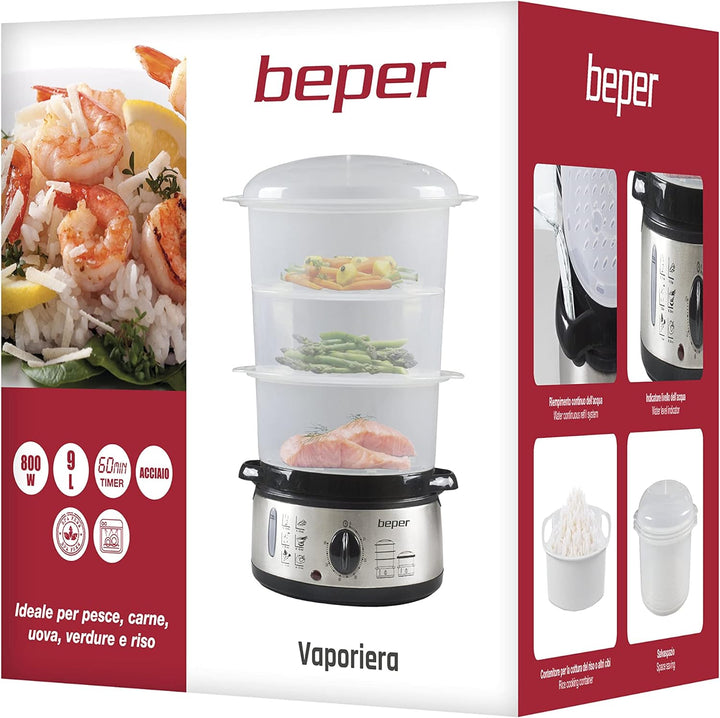 BEPER BC.250 Multi-Dampfgarer 9L, 800 W, Stahl, 3 herausnehmbare Behälter, BPA FREE, Tank 1000 ML, e