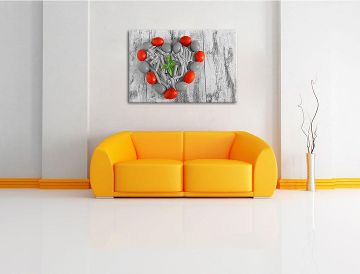 Herz aus Tomaten, Nudeln und Basilikum schwarz/weiss Format: 100x70 auf Leinwand, XXL riesige Bilder