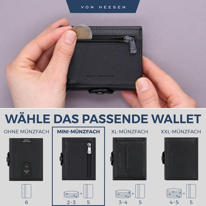 VON HEESEN Slim Wallet mit Münzfach &amp; RFID Schutz - kleine Geldbörse Herren &amp; Damen - Echtleder Kart