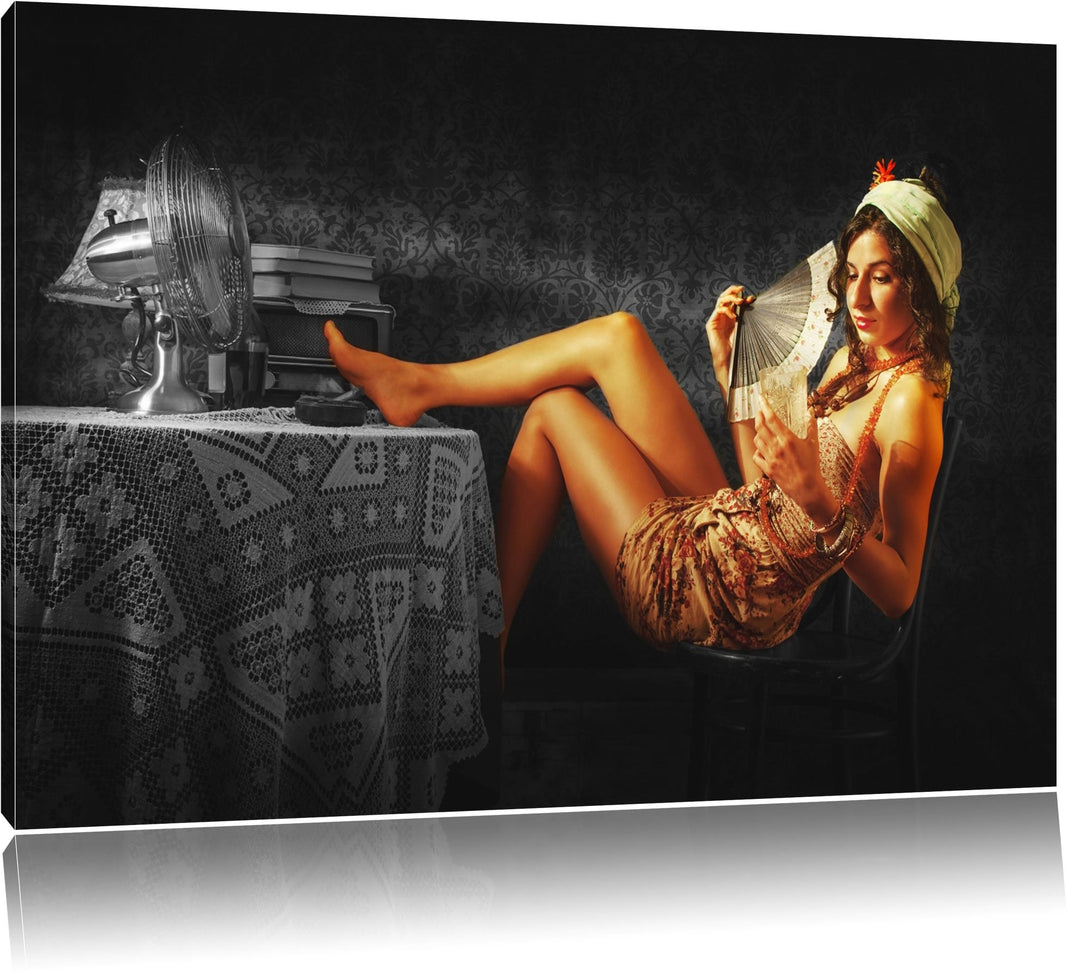 altmodische Dame mit Fächer und Drink schwarz/weiss Format: 100x70 auf Leinwand, XXL riesige Bilder
