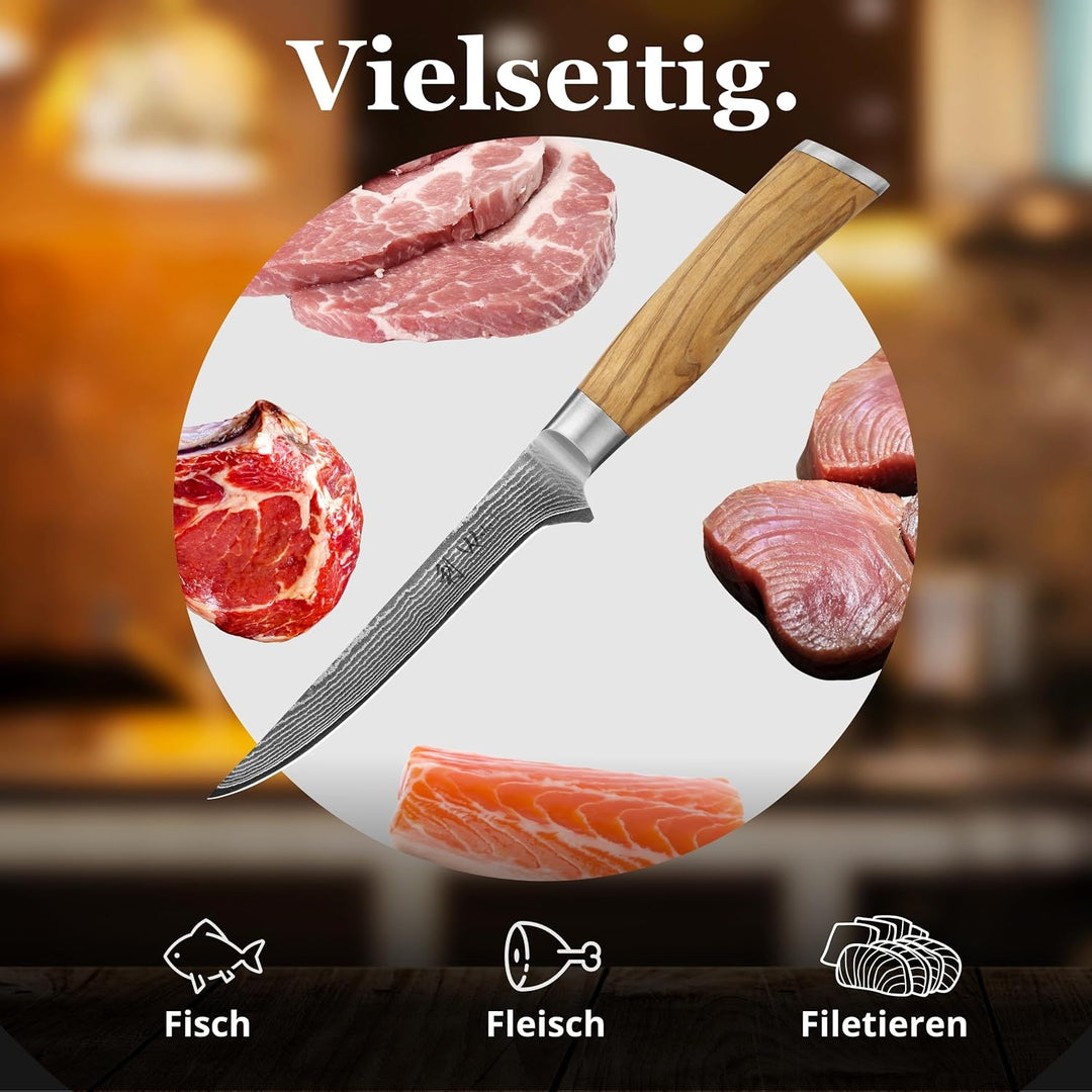Wakoli Olive Ausbeinmesser aus echtem Damaststahl (VG10 Kern) mit 14,5 cm Klinge – Scharf und ergono