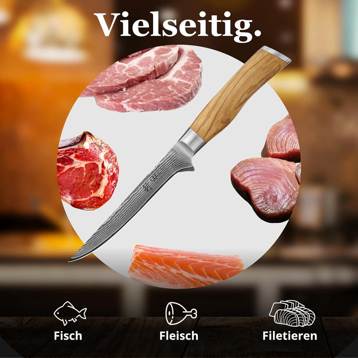 Wakoli Olive Ausbeinmesser aus echtem Damaststahl (VG10 Kern) mit 14,5 cm Klinge – Scharf und ergono