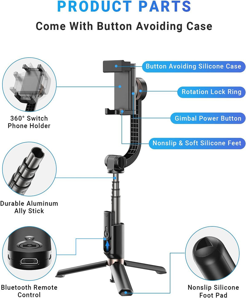 APEXEL Handy Gimbal Bluetooth Selfie Stick mit Stativ und Fernauslöser - Handy Stabilisator für iPho