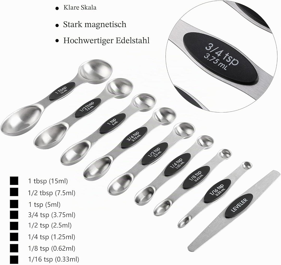 Messbecher und Löffel Set aus Edelstahl inkl. 8 robusten Messbecher, 8 doppelseitige magnetische Mes