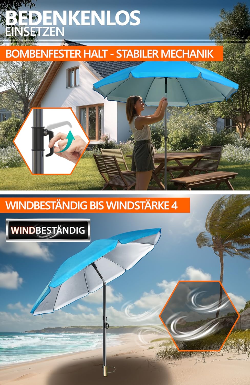 4smile Sonnenschirm Strand SunnyJoy Ø 2 m, Blau – 3er Set inkl. Strandschirm windfest stabil, Rasend
