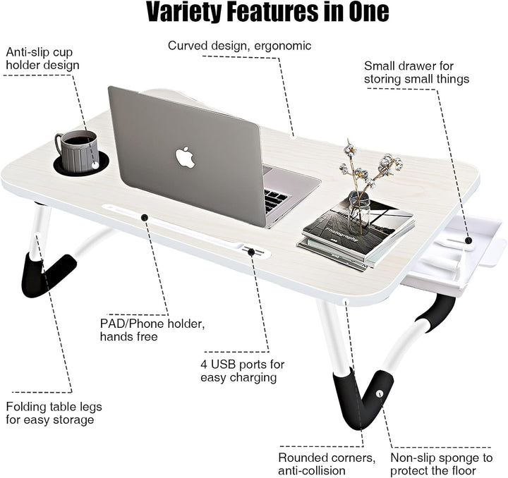 A3A ACADGQ Laptoptisch, Laptop Betttisch Klappbar, Notebook Tisch mit 4 USB-Ladeanschluss, Schublade