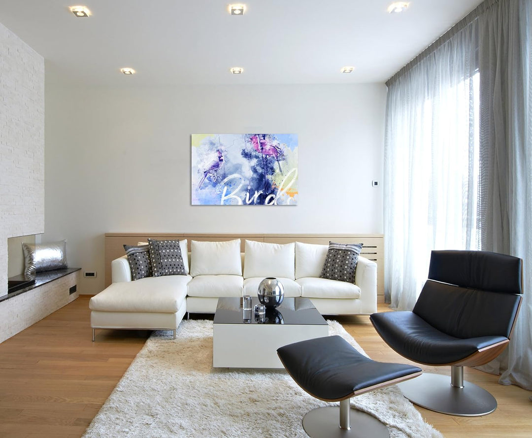 Paul Sinus Art Bild Leinwand 120x80cm Vögel auf Zweigen in Blautönen mit Kalligraphie, 120x80cm