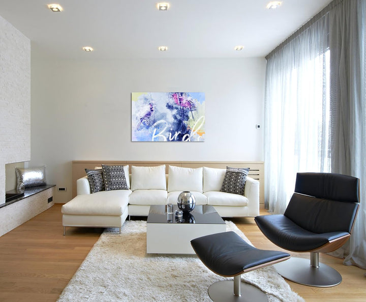 Paul Sinus Art Bild Leinwand 120x80cm Vögel auf Zweigen in Blautönen mit Kalligraphie, 120x80cm