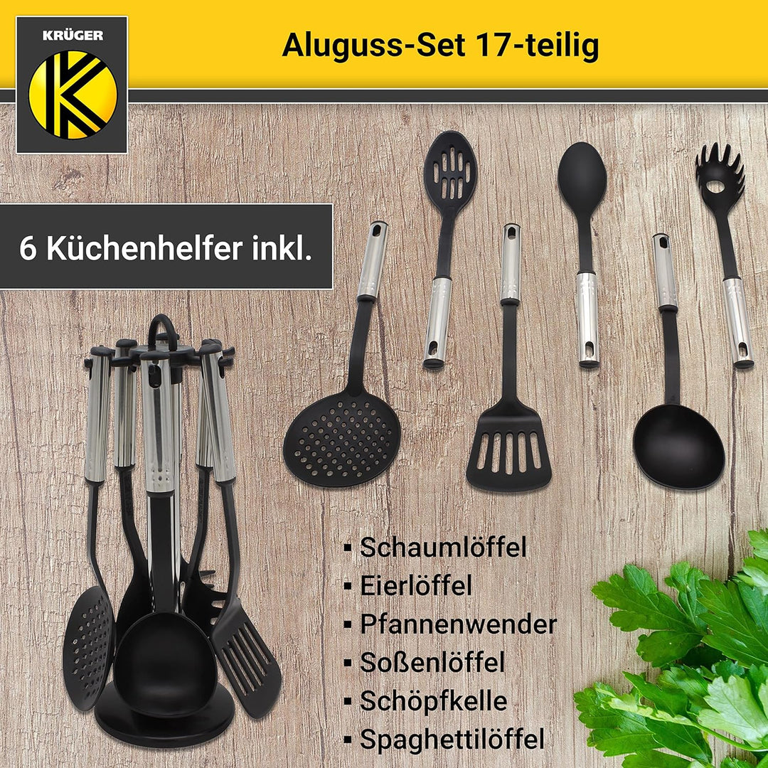 Krüger Aluguss-Set 17-teilig - antihaft-versiegeltes Topf- und Pfannenset mit Küchenhelfer - hohe Hi