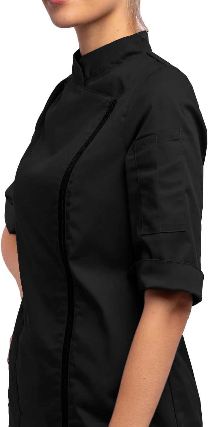 strongAnt Kochjacke Damen kurzarm Stretch mit Druckknöpfen oder Reissverschluss Kochuniform, Schwarz