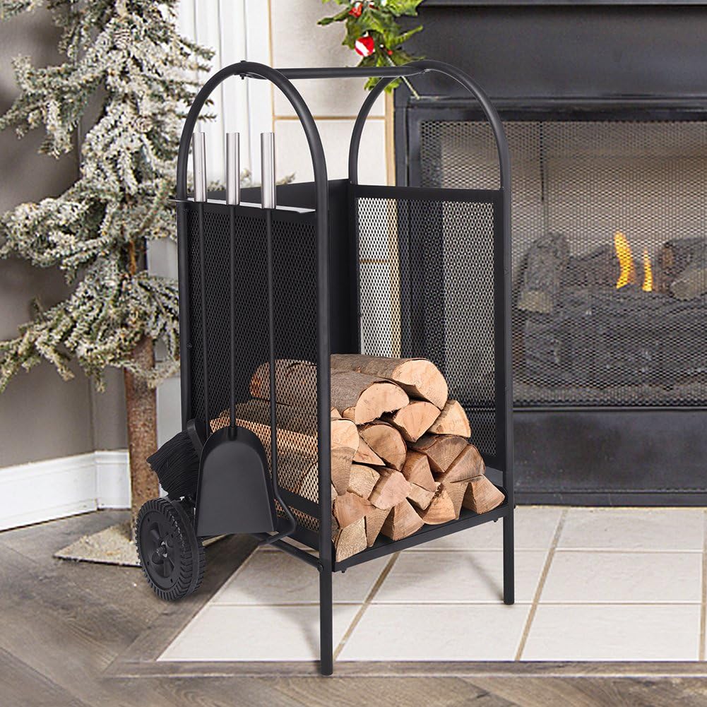 Brennholz Warenkorb mit Rädern, Brennholz Log Rack mit 3 Tools Kamin Log Carriers Inhaber schwarz Sc