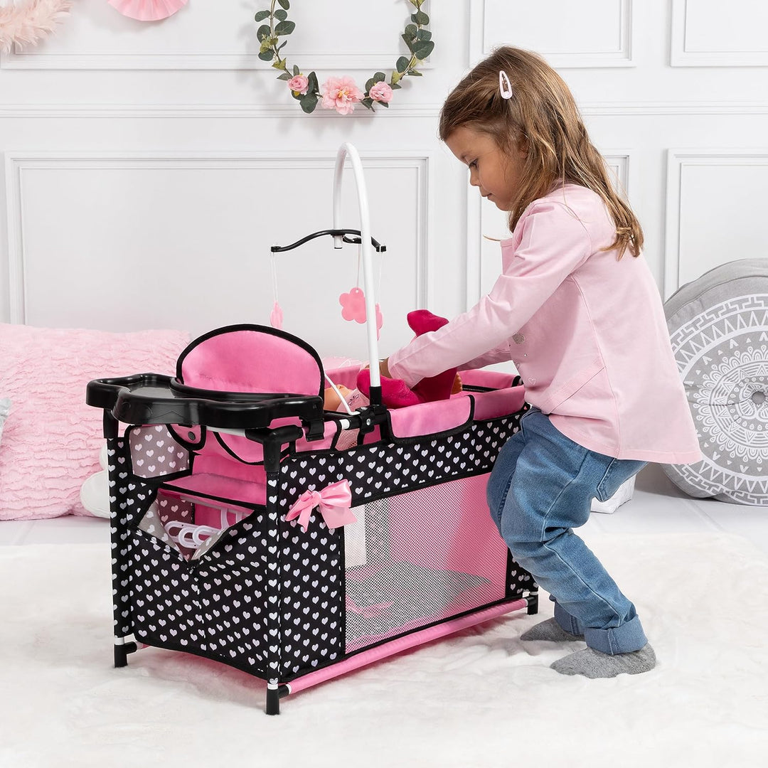 Bayer Design 62660AA Puppenbett mit Schrank, Sitz, Mobile, Ablage, Bettdecke, Kissen, schwarz, rosa,