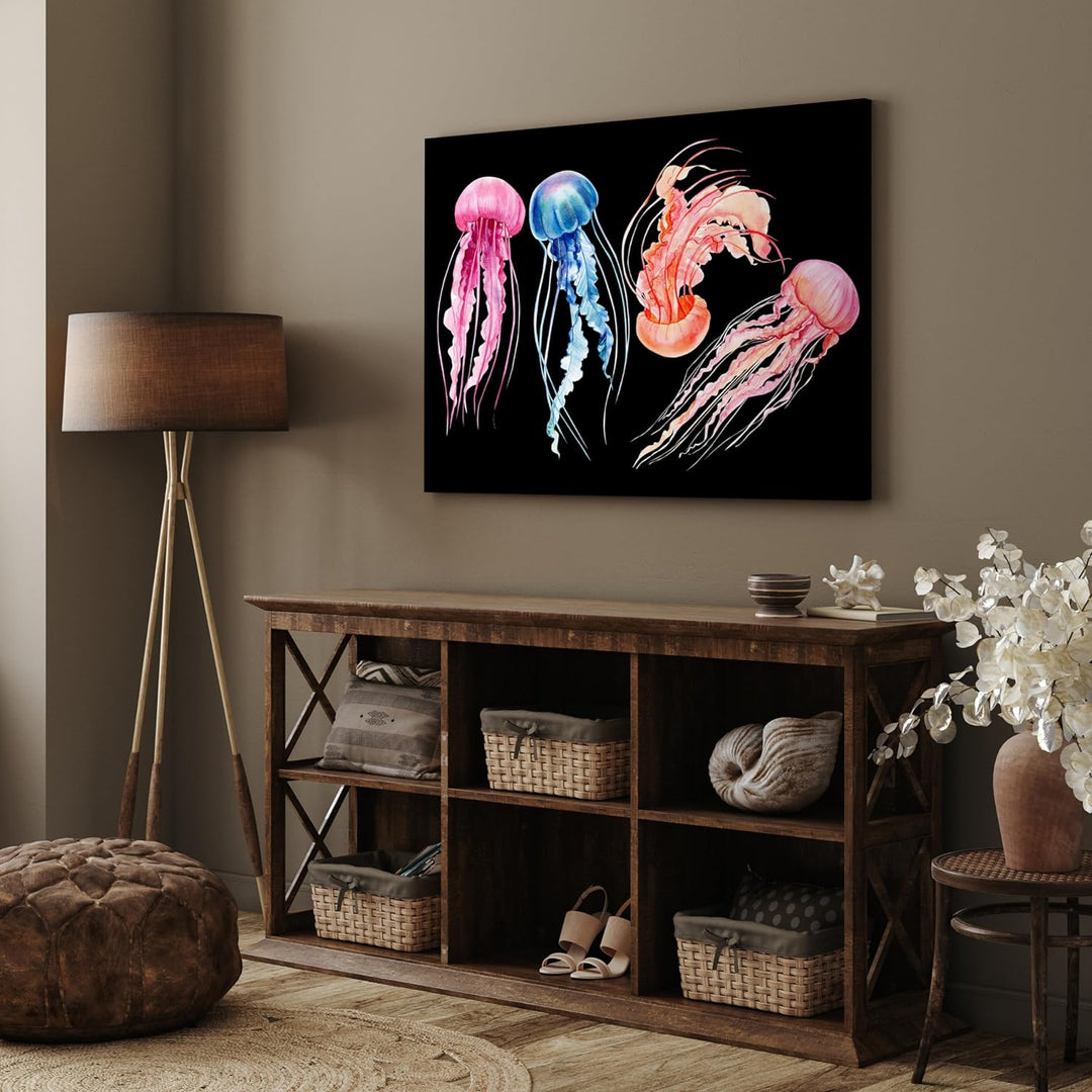 wandmotiv24 Maritime Deko als Leinwandbild, 100x75cm, Querformat, Bunte Quallen, Aquarell Gemälde, T