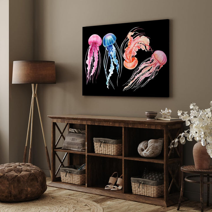 wandmotiv24 Maritime Deko als Leinwandbild, 100x75cm, Querformat, Bunte Quallen, Aquarell Gemälde, T