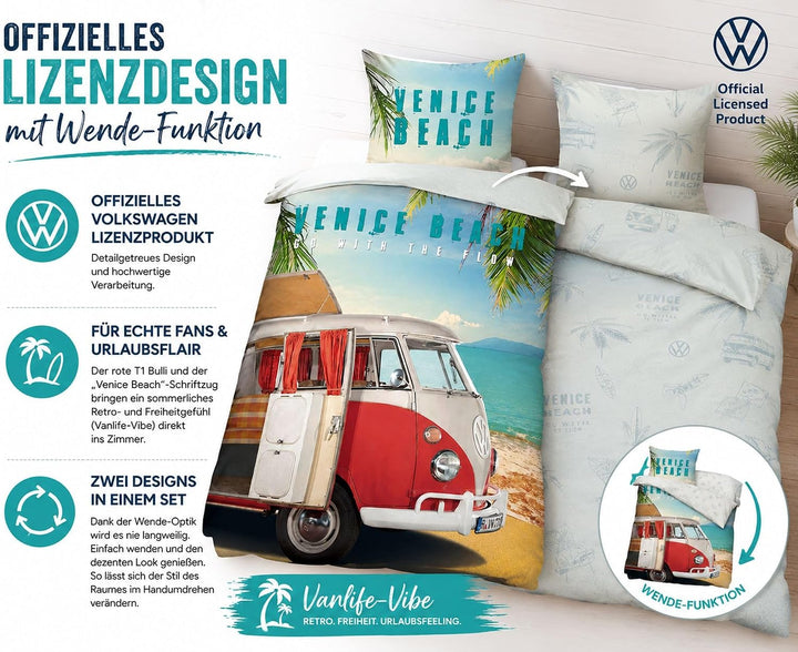 SkyBrands Volkswagen Bettwäsche VW Bulli 135x200 cm 80x80 Baumwolle Bus VW Bulli Bettwäsche-Set 2tlg