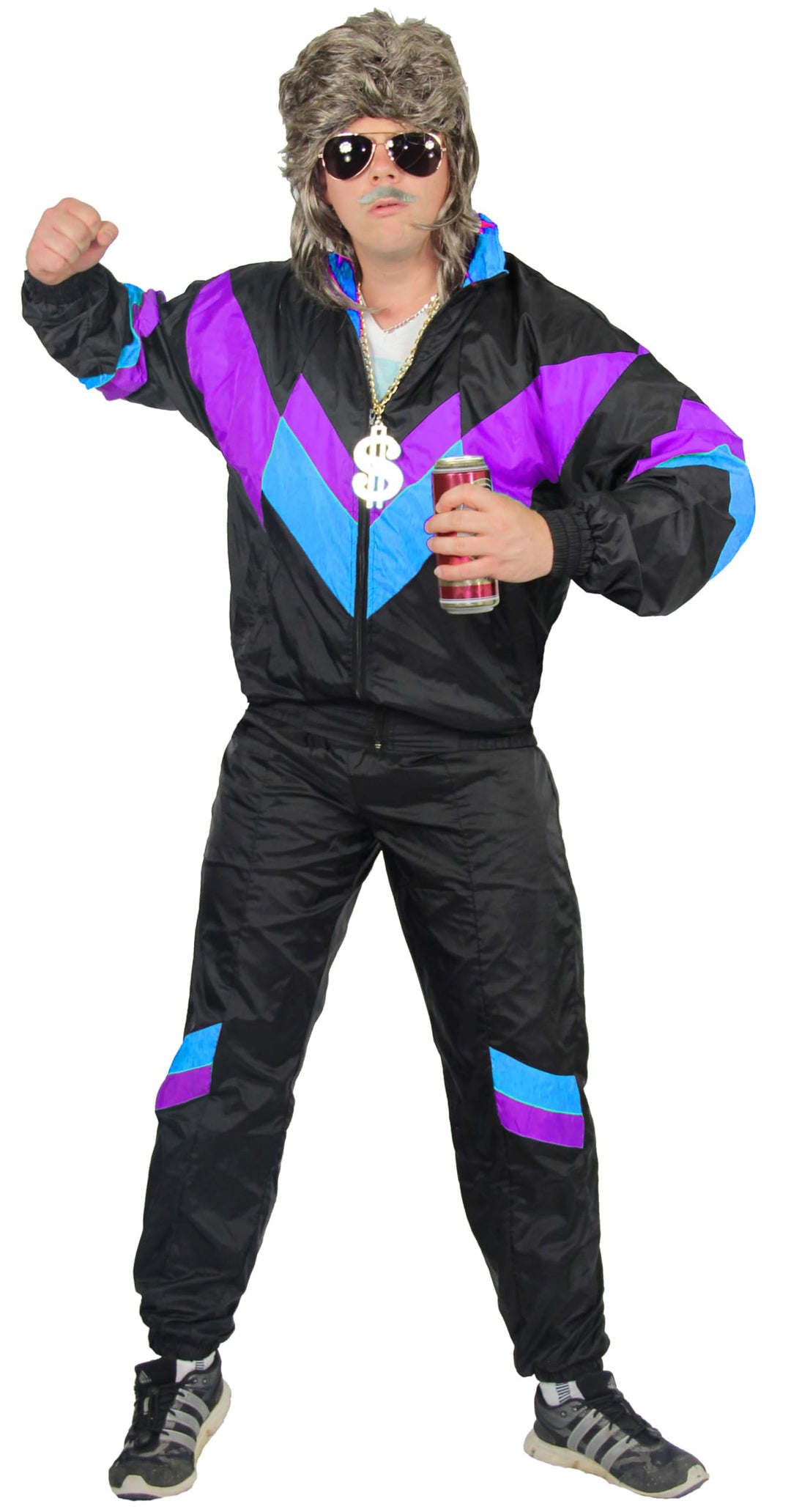 Foxxeo 80er Jahre Trainingsanzug Premium Kostüm für Herren - schwarz lila hellblau, L