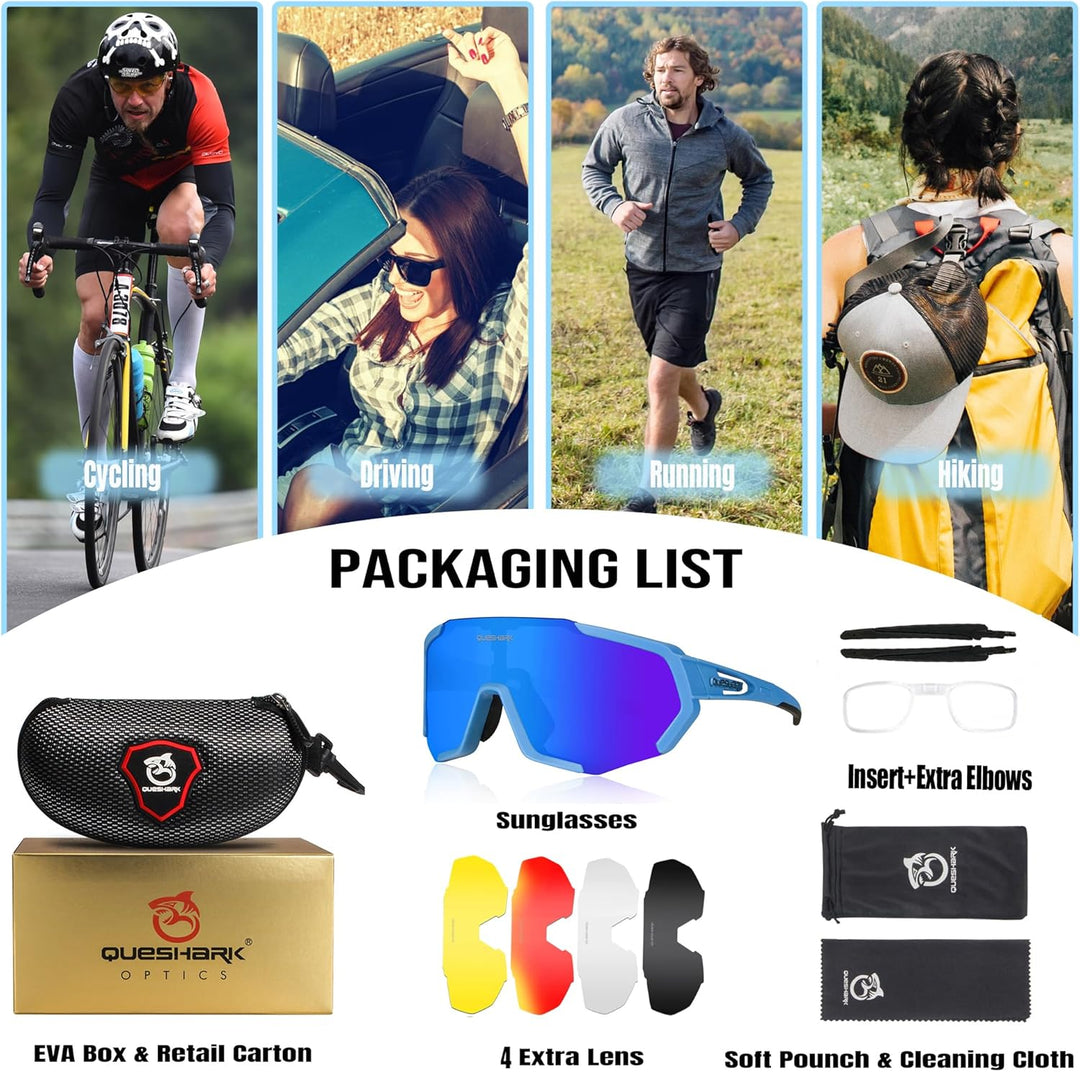 Queshark Sportbrillen Fahrrad Brillen Damen Herren Polarisierte UV400 Schutz mit 5 Wechselgläser Rad