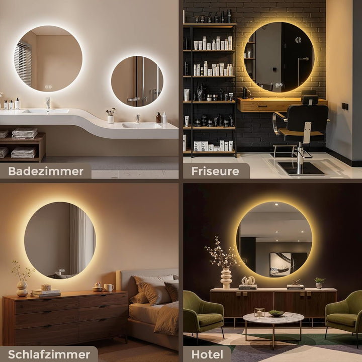 S'AFIELINA Badspiegel Rund 70cm Badezimmerspiegel mit Beleuchtung Dimmbar LED Badspiegel Rund mit To