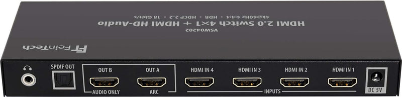 FeinTech VSW04202 HDMI 2.0 Switch 4x1 HD-Audio Extractor 7.1 ARC 4K 60Hz HDR CEC 4x1 Switch + Audio-