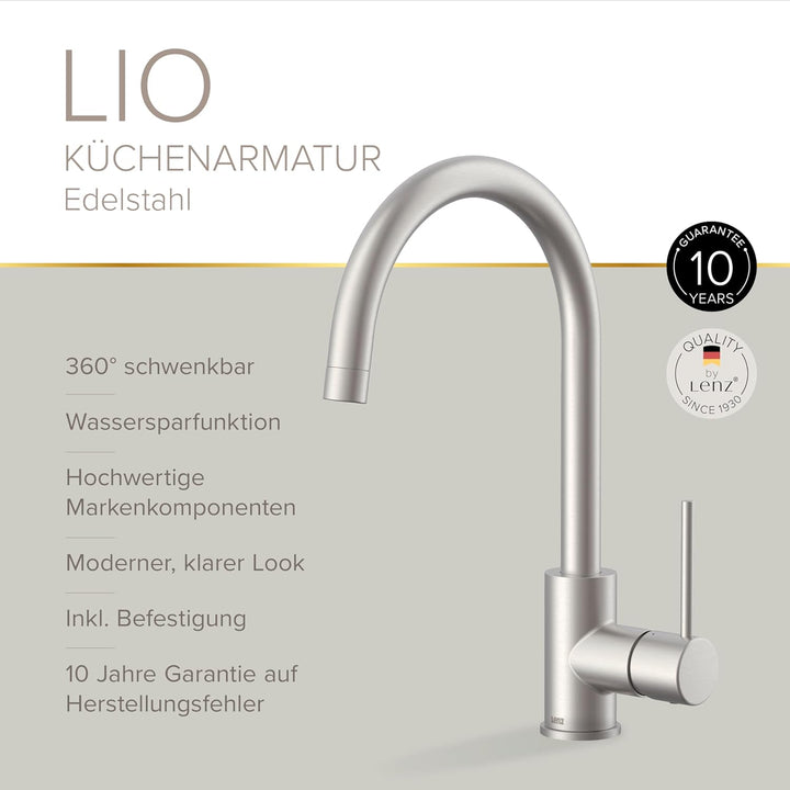 Lenz Küchenarmatur LIO in Edelstahl – Hoher und 360° schwenkbarer Auslauf | Spültischarmatur mit 2-M