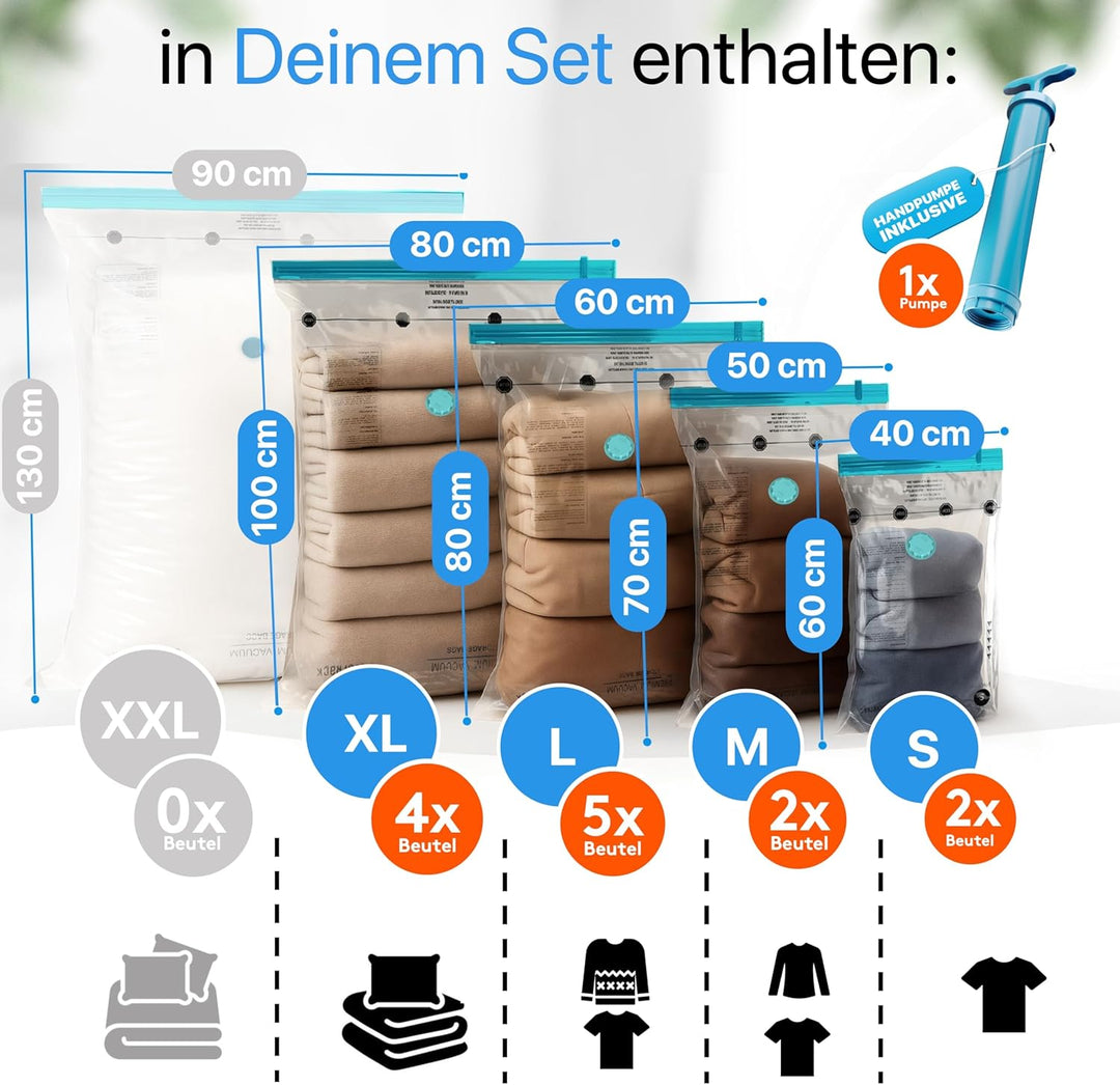 Vakuumbeutel für Kleidung und Bettdecken [13 Stück] mit Pumpe in 4 Grössen (2x Small + 2x Medium + 5