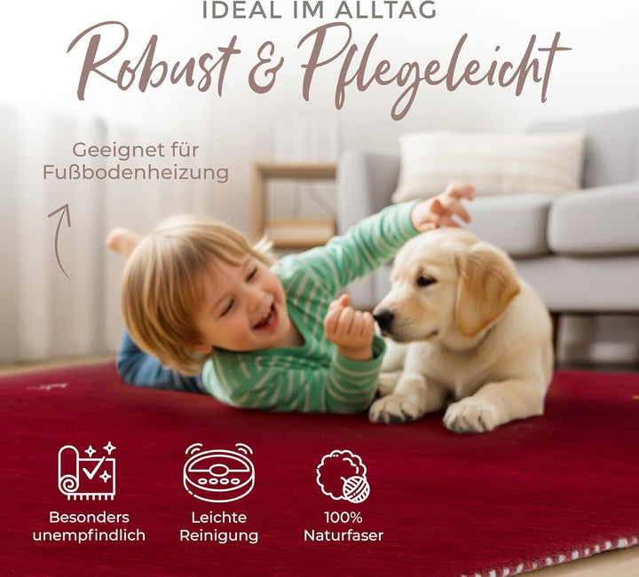 carpetfine Wollteppich Gabbeh Uni Rot 60x90 cm | Moderner Teppich für Wohn- und Schlafzimmer Rot 60