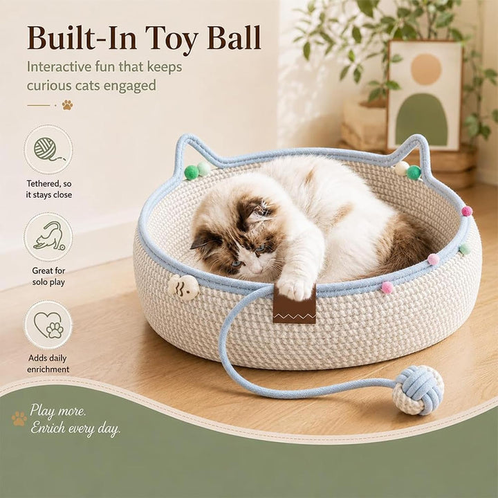 Instinct Cats Korb mit Katzen Ohrgriffen &amp; Interaktivem Balls Spielzeug | Natürliches Baumwollseil,