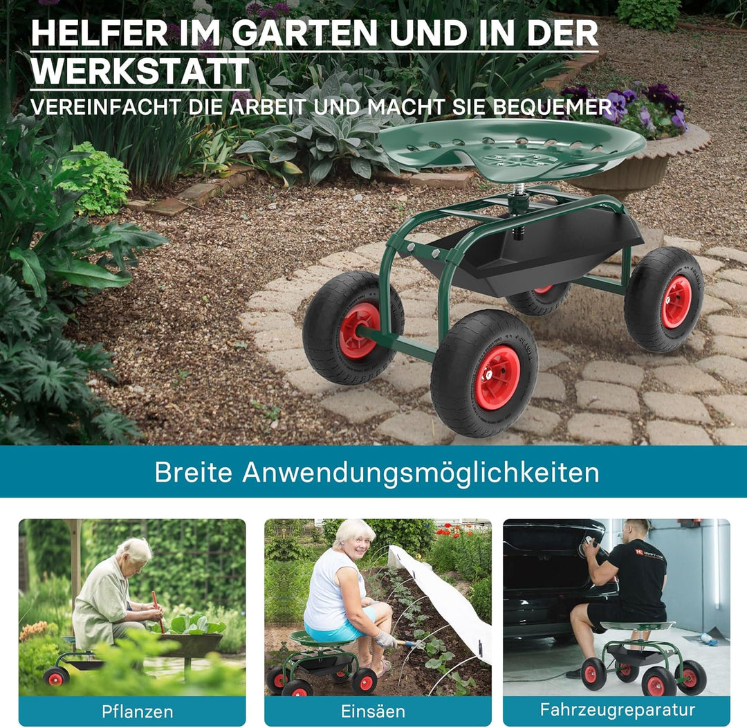 Wiltec Gartenwagen mit Ablagefläche bis 150kg Gartenhocker mit Reifen Gartentrolley für Gartenarbeit