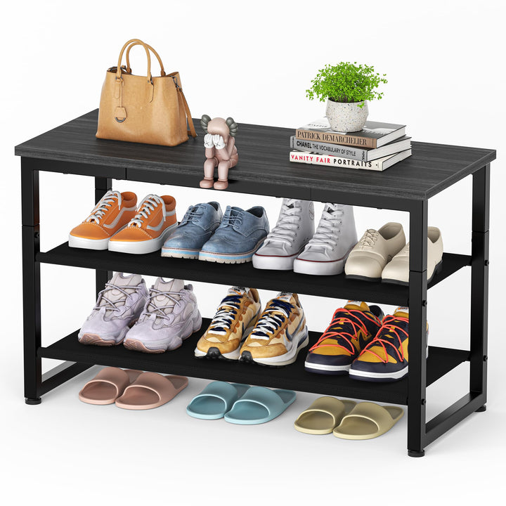 HOMIDEC Schuhregal mit 3 Ebenen, Schuhbank mit Holzplatte, Schuhregal mit Sitzbank, Regal Vliesstoff