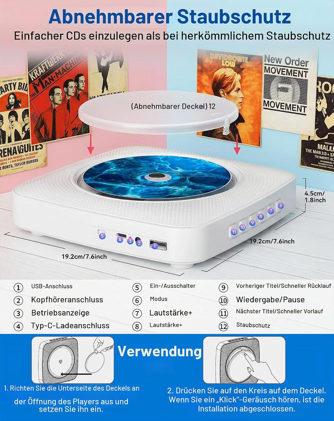 CD Player Tragbar Bluetooth Radio mit CD-Player mit Lautsprecher Unterstützung USB &amp; AUX-Wiedergabe